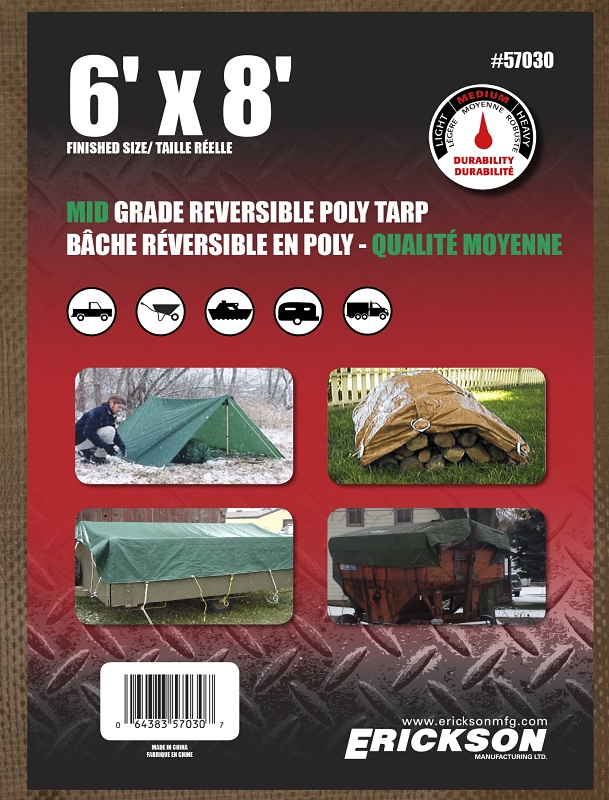 Erickson 57030 Mid-Grade Tarp, 8 ft L, 6 ft W, Poly, Brown/Green