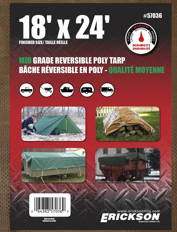 Erickson 57036 Reversible Tarp, 18 ft L, 24 ft W, 5 mm Thick, HDPE, Brown/Green