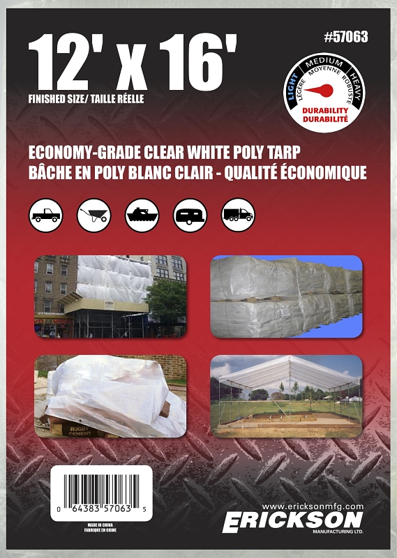 Erickson 57063 Economy-Grade Tarp, 16 ft L, 12 ft W, Poly, Clear White