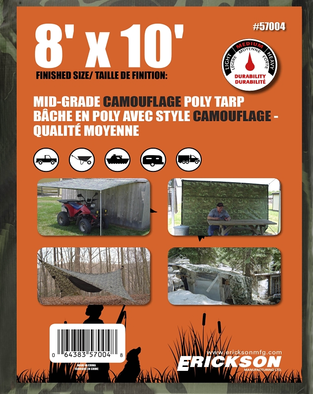 Erickson 57004 Mid-Grade Tarp, 10 ft L, 8 ft W, Poly, Camouflage