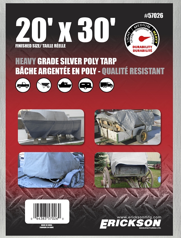 Erickson 57026 Heavy-Grade Tarp, 30 ft L, 20 ft W, 9 mil Thick, Poly, Silver