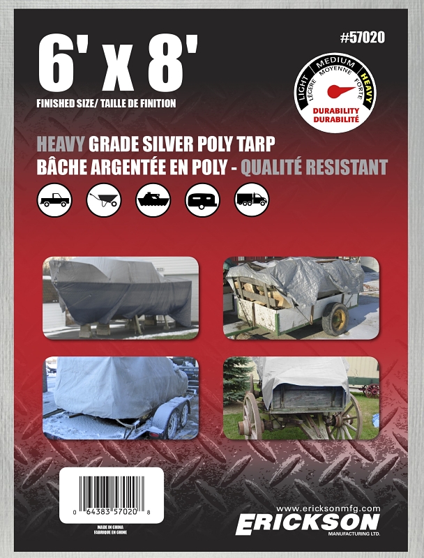 Erickson 57020 Heavy-Grade Tarp, 8 ft L, 6 ft W, Polyethylene, Silver