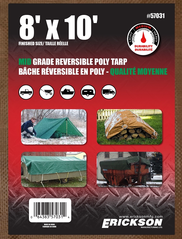 Erickson 57031 Mid-Grade Reversible Tarp, 10 ft L, 8 ft W, 4 mm Thick, Polyethylene, Brown/Green