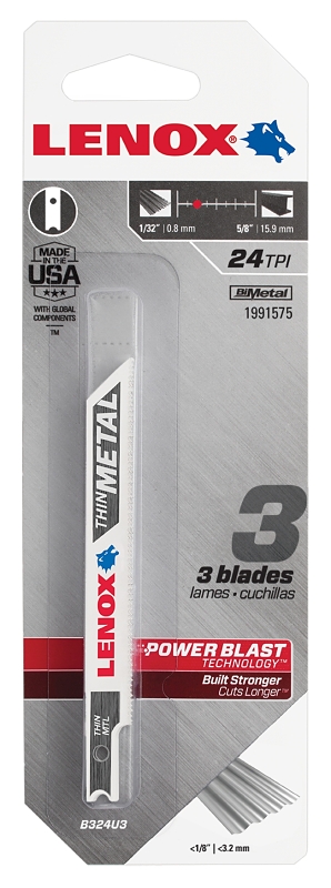 Lenox 1991575 Jig Saw Blade, 3/8 in W, 3-5/8 in L, 24 TPI, 2/PK