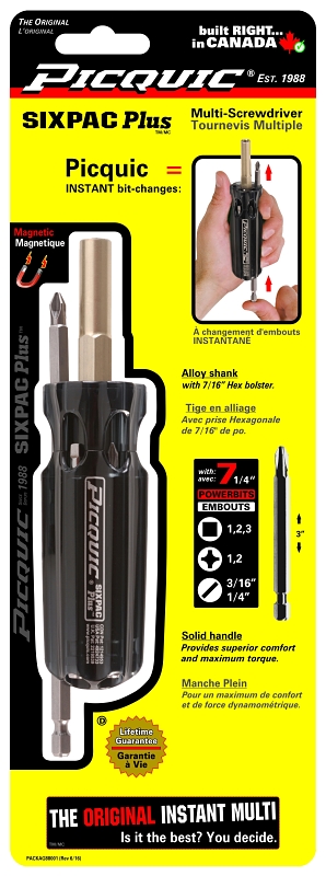 Picquic SIXPAC Plus Series 88001 Multi-Bit Screwdriver, 1/4 in Tip, Hex Tip, Phillips, Robertson, Slotted Drive