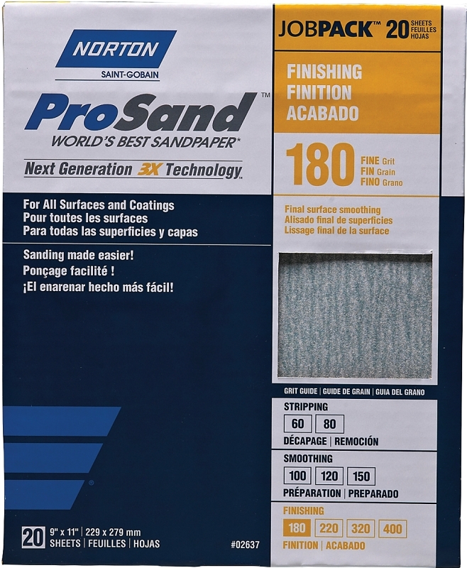 Norton ProSand Series 07660702626 Sandpaper, 9 in W, 11 in L, P180 Grit, Fine, Aluminum Oxide Abrasive, Paper Backing