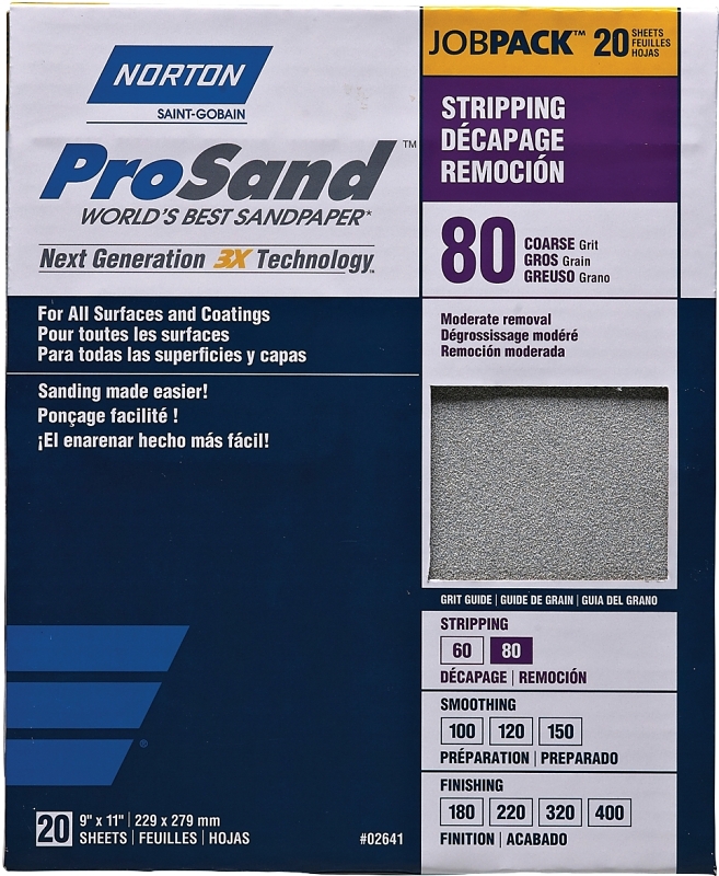 Norton ProSand 07660702630 Sanding Sheet, Blue, 11 in L, 9 in W, Coarse, 80 Grit, Aluminum Oxide Abrasive, Paper Backing