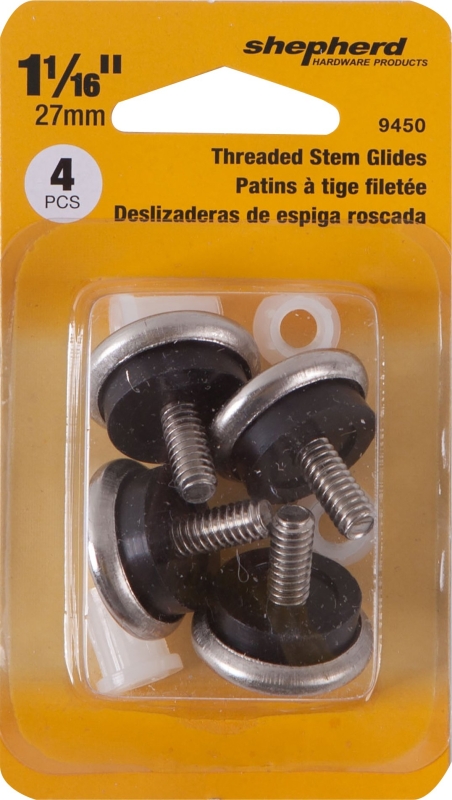 Shepherd Hardware 9450 Furniture Glide, Round, 1-1/16 in Dia Dimensions, Metal/Rubber, Silver, 4/PK
