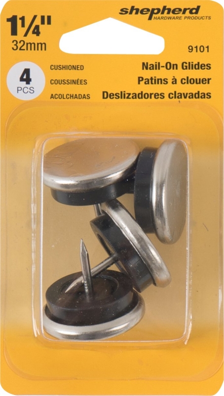 Shepherd Hardware 9101 Furniture Glide, Round, 1-1/4 in Dia Dimensions, Nickel, Silver, 4/PK