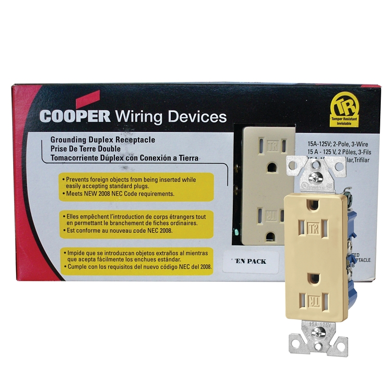 Eaton Wiring Devices TR1107V10 Duplex Receptacle, Nylon, Ivory, 2-Pole, 15 A, 125 V, Push-in, Side Wiring, 60 Hz