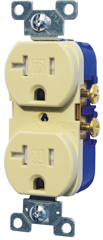 Eaton TR370V-BOX Duplex Receptacle, 2-Pole, 20 A, 125 VAC, Side Wiring, NEMA: 5-20R, Ivory