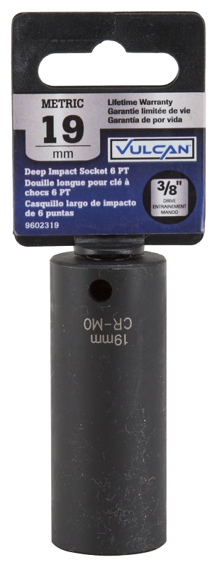 Vulcan MT6580149 Deep Impact Socket, 19 mm Socket, 3/8 in Drive, Deep Drive, 6-Point, Chrome Molybdenum Steel