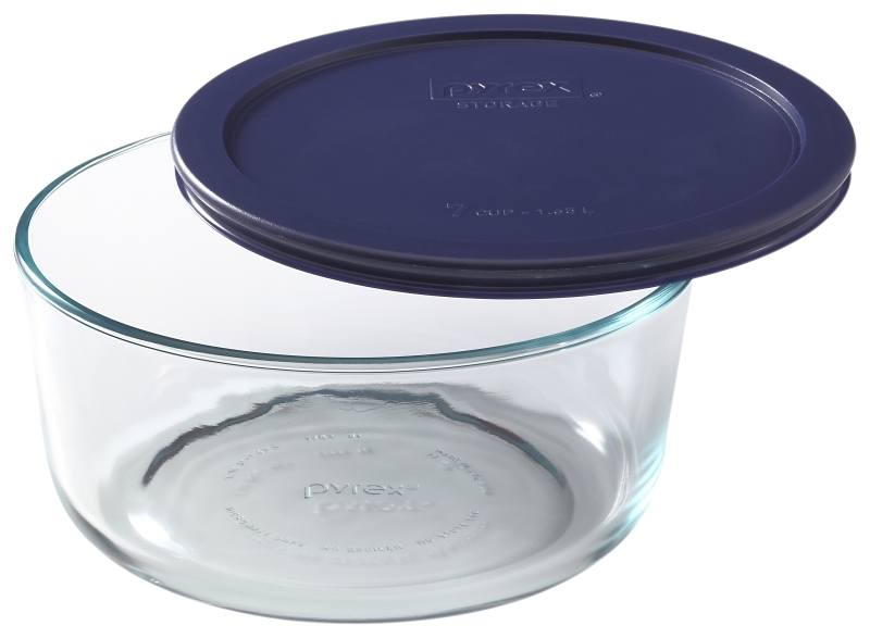 Pyrex 6017397 Storage Plus Bowl, 7 Cups, Glass/Plastic, Clear/Navy Blue