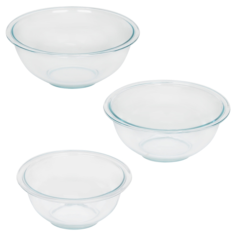 Pyrex 6001001 Mixing Bowl Set, Includes: 1, 1-1/2 and 2-1/2 qt Bowls, Glass, Clear