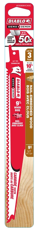 Diablo DS0906VCW3C Series Reciprocating Saw Blade, Applicable Materials: Wood, 9 in L, Carbide Cutting Edge
