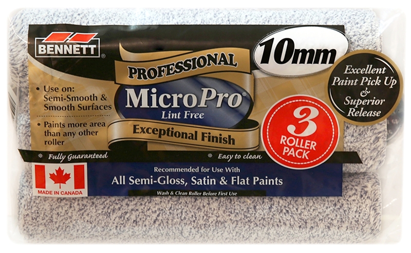 Bennett 3PK MP10MM Roller Refill, 10 mm Thick Nap, 9-1/2 in L, Microfiber Cover