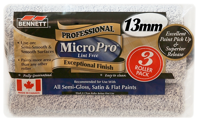 Bennett 3PK MP13MM Roller Refill, 13 mm Thick Nap, 9-1/2 in L, Microfiber Cover, Blue