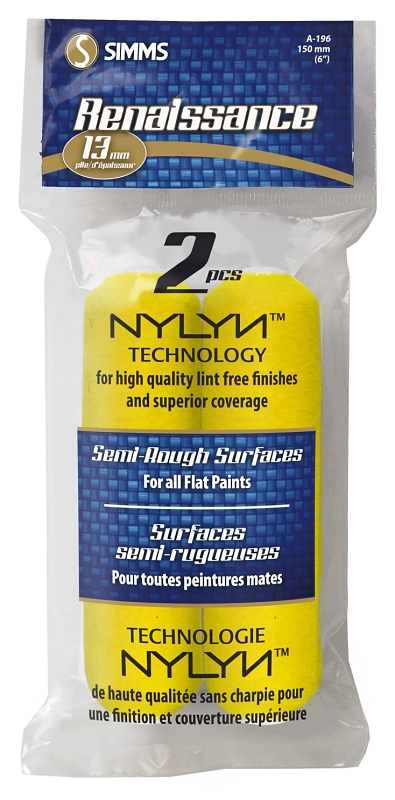 Simms A-196 Mini Roller Refill, 13 mm Thick Nap, 6 in L, Synthetic Hybrid Blend Cover