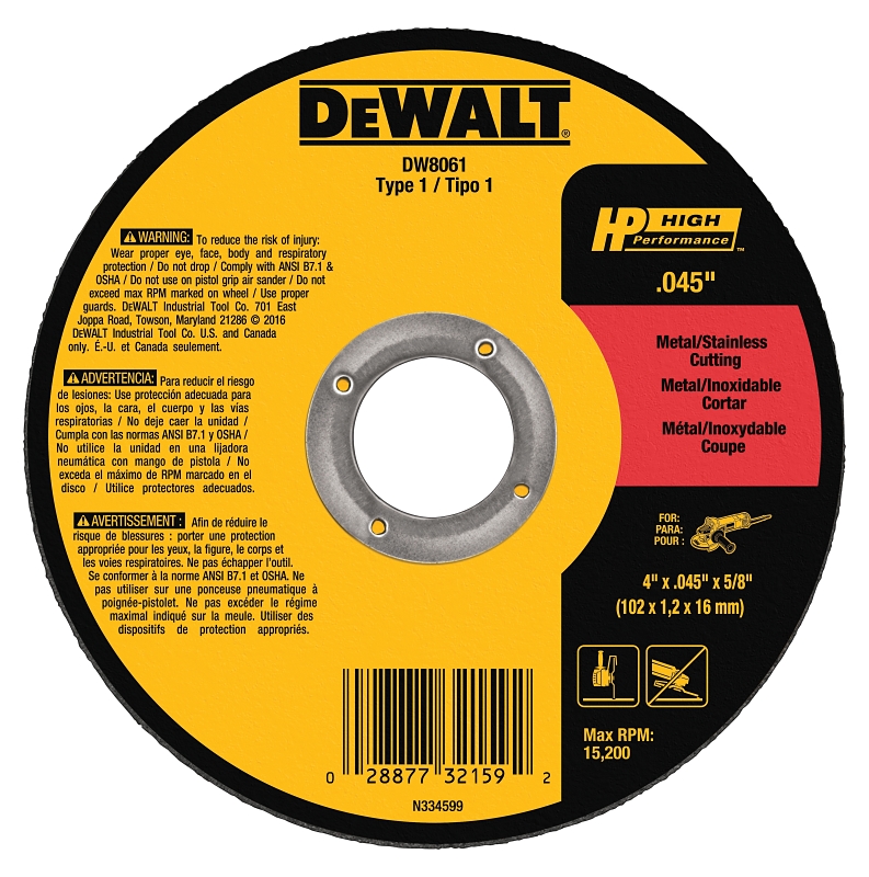 DeWALT DW8061 Cutting Wheel, 4 in Dia, 0.045 in Thick, 5/8 in Arbor, Aluminum Oxide Abrasive