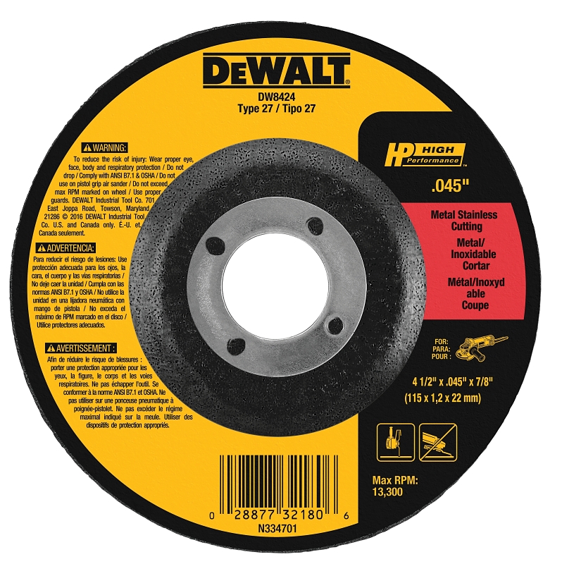 DeWALT DW8424 Cutting Wheel, 4-1/2 in Dia, 0.045 in Thick, 7/8 in Arbor, 60 Grit, Medium, Aluminum Oxide Abrasive