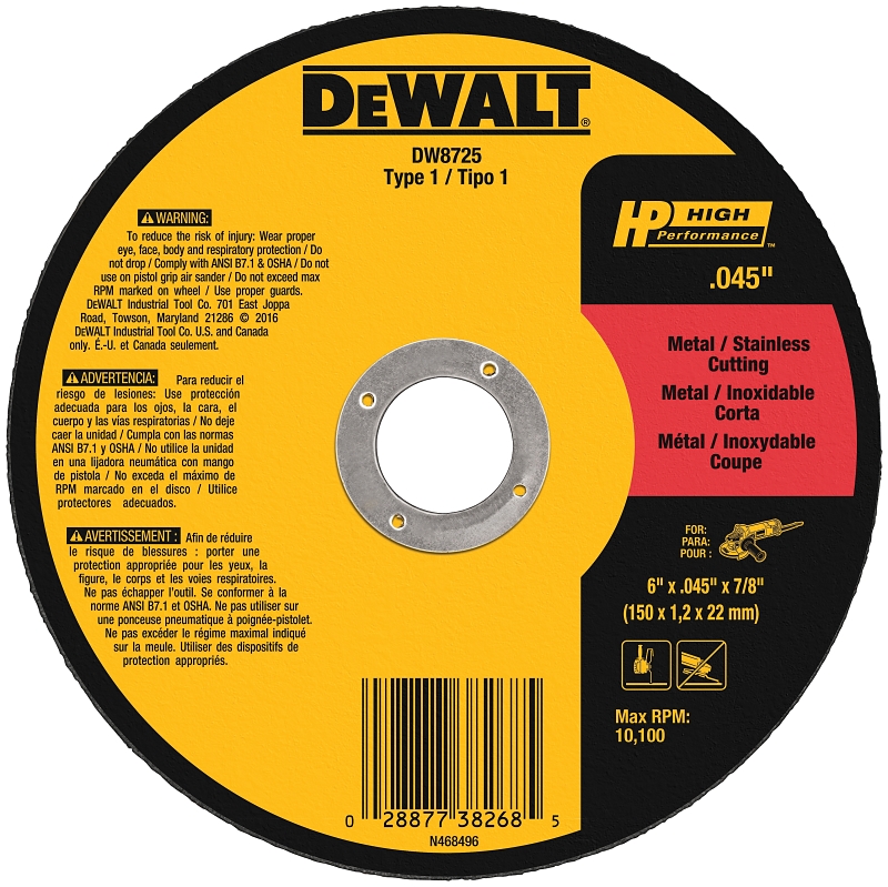 DeWALT DW8725 Cutting Wheel, 6 in Dia, 0.04 in Thick, 7/8 in Arbor, Very Fine, Aluminum Oxide Abrasive
