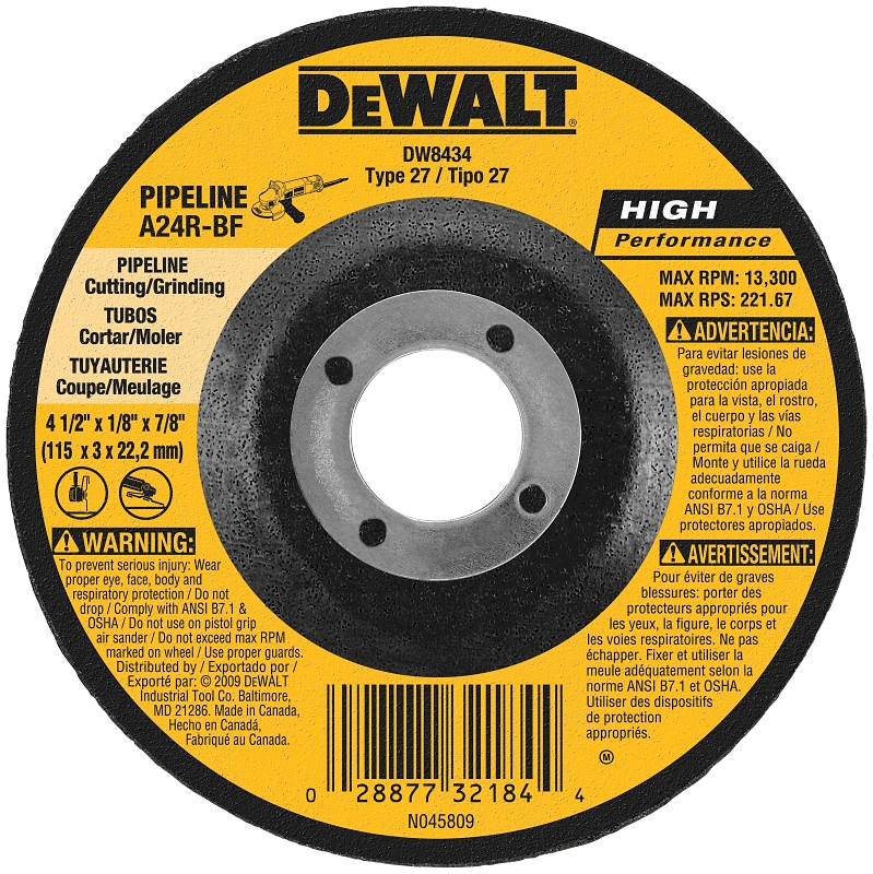 DeWALT DW8434 Grinding Wheel, 4-1/2 in Dia, 1/8 in Thick, 5/8 in Arbor, 24 Grit, Very Coarse