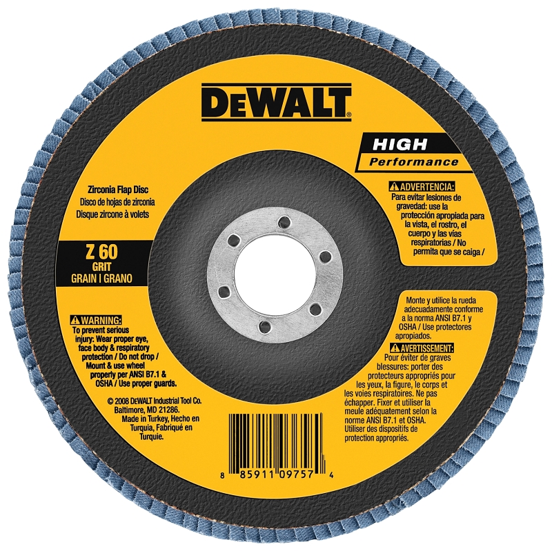 DeWALT DW8302 Flap Disc, 4 in Dia, 5/8 in Arbor, Coated, 60 Grit, Medium, Zirconium Oxide Abrasive