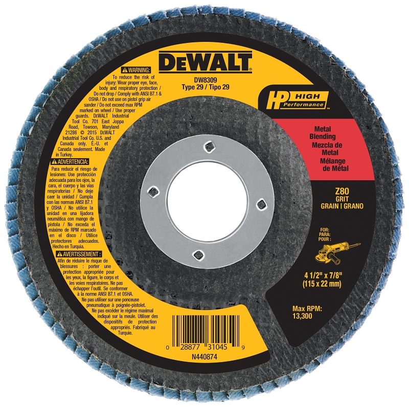 DeWALT DW8309 Flap Disc, 4-1/2 in Dia, 7/8 in Arbor, Coated, 80 Grit, Medium, Zirconia Abrasive