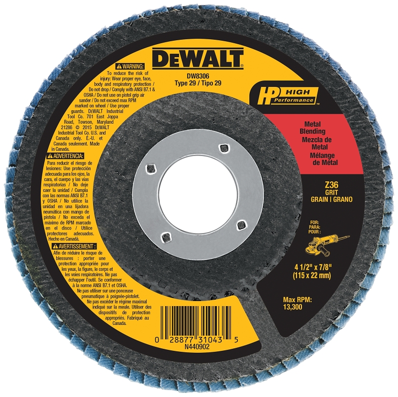 DeWALT DW8306 Flap Disc, 4-1/2 in Dia, 7/8 in Arbor, Coated, 40 Grit, Coarse, Zirconium Oxide Abrasive