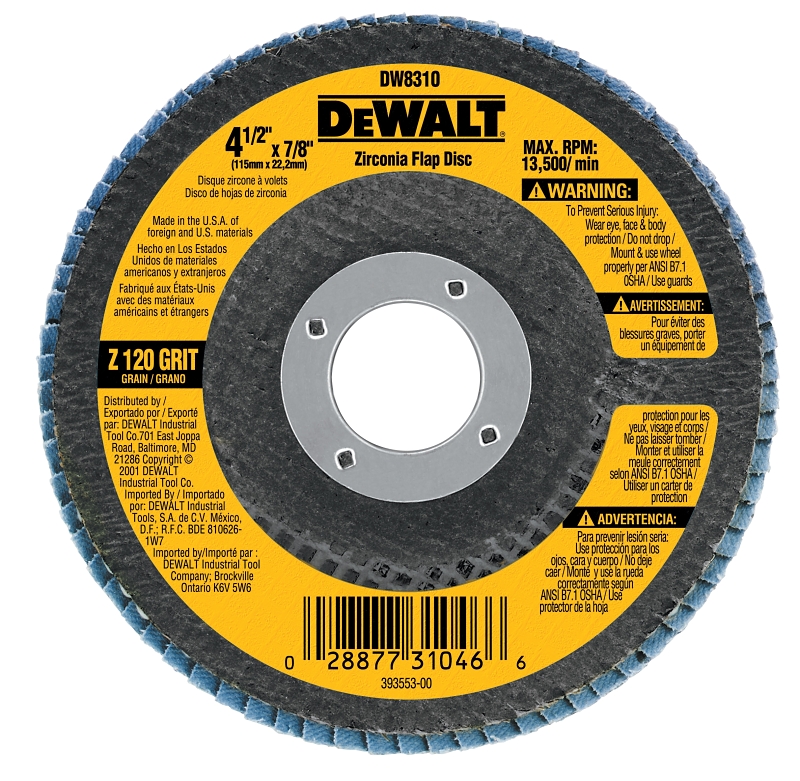 DeWALT DW8310 Flap Disc, 4-1/2 in Dia, 7/8 in Arbor, Coated, 120 Grit, Fine, Zirconia Abrasive