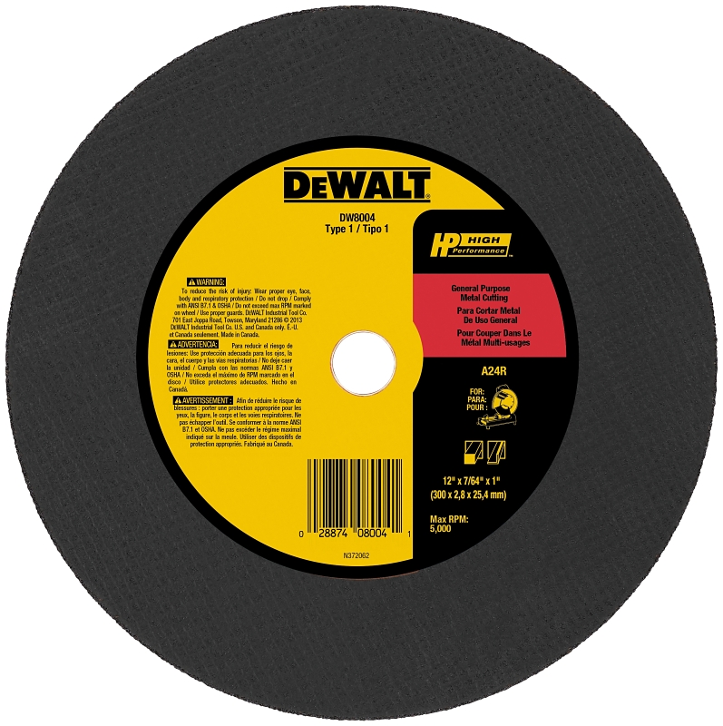 DeWALT DW8004 Cutting Wheel, 12 in Dia, 7/64 in Thick, 1 in Arbor, Coarse, Aluminum Oxide Abrasive