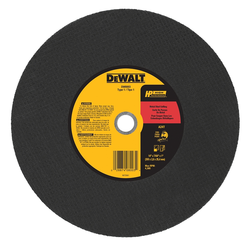 DeWALT DW8003 Cutting Wheel, 14 in Dia, 7/64 in Thick, 1 in Arbor, Coarse, Aluminum Oxide Abrasive
