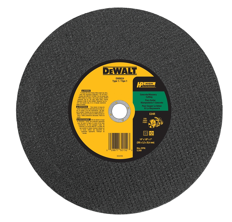 DeWALT DW8024 Cutting Wheel, 14 in Dia, 1/8 in Thick, 1 in Arbor, Silicone Carbide Abrasive