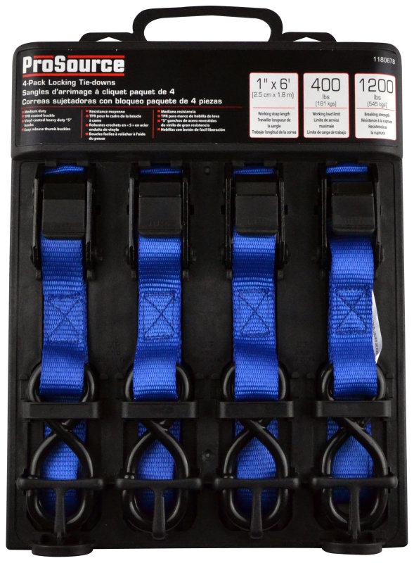 ProSource FH64051 Tie-Down, 1 in W, 6 ft L, Polyester Webbing, Metal Buckle, Blue, 400 lb, S-Hook End Fitting