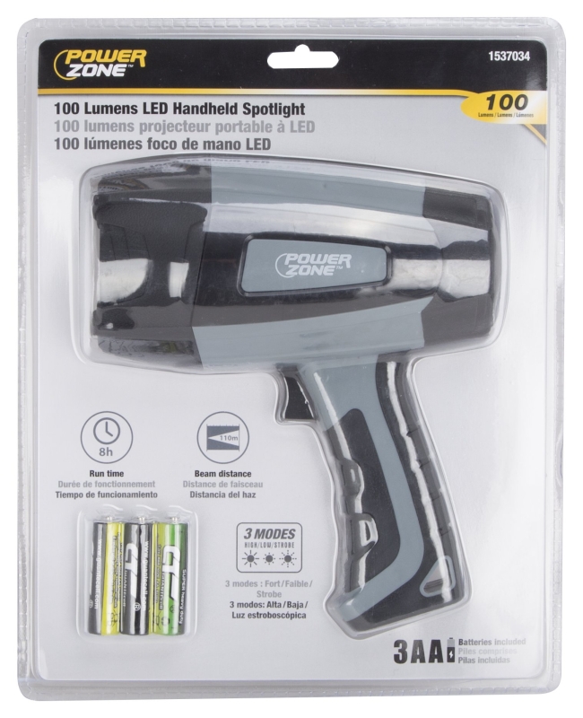PowerZone 18102203 Handheld Spot Light, 1.5 (For Batteries) V, 1-Lamp, 100 Lumens, ABS Fixture, Black & Gray Fixture