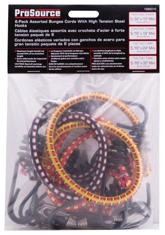 ProSource FH64078 Stretch Cord Set, Polypropylene, Black/Red/Yellow, Hook End