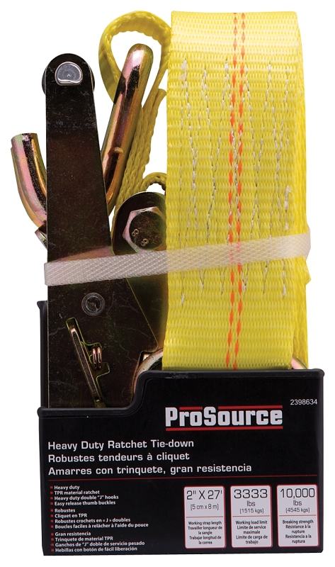 ProSource FH64066 Tie-Down, 2 in W, 27 ft L, Metal/Polyester, Yellow, 3333 lb, Double J-Hook End Fitting
