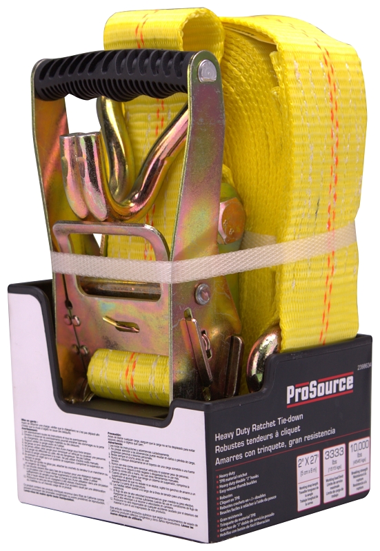ProSource FH64066 Tie-Down, 2 in W, 27 ft L, Metal/Polyester, Yellow, 3333 lb, Double J-Hook End Fitting