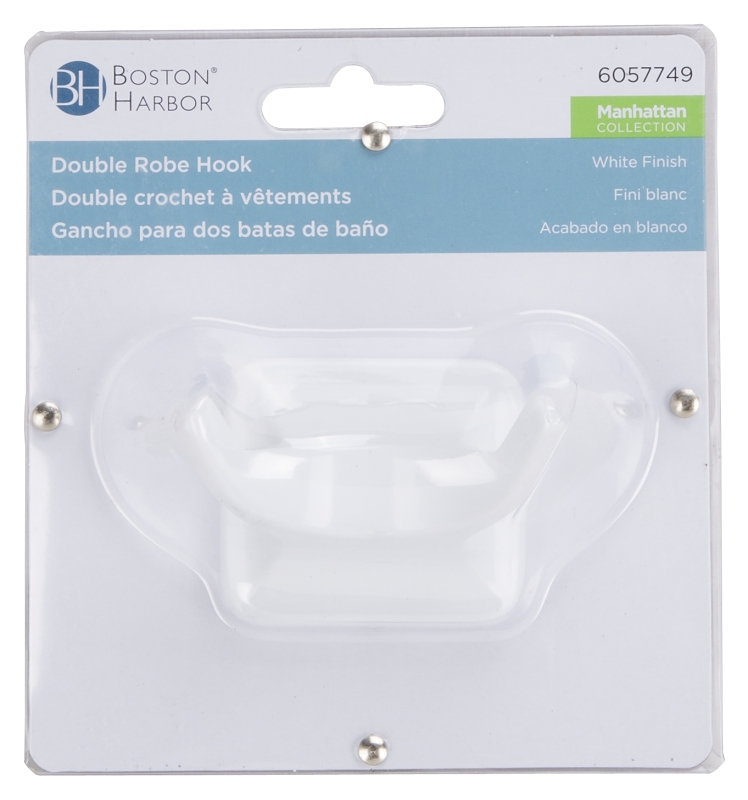 Boston Harbor L3653-51-07 Double Robe Hook, 2-Hook, Zinc, White, Wall Mounting