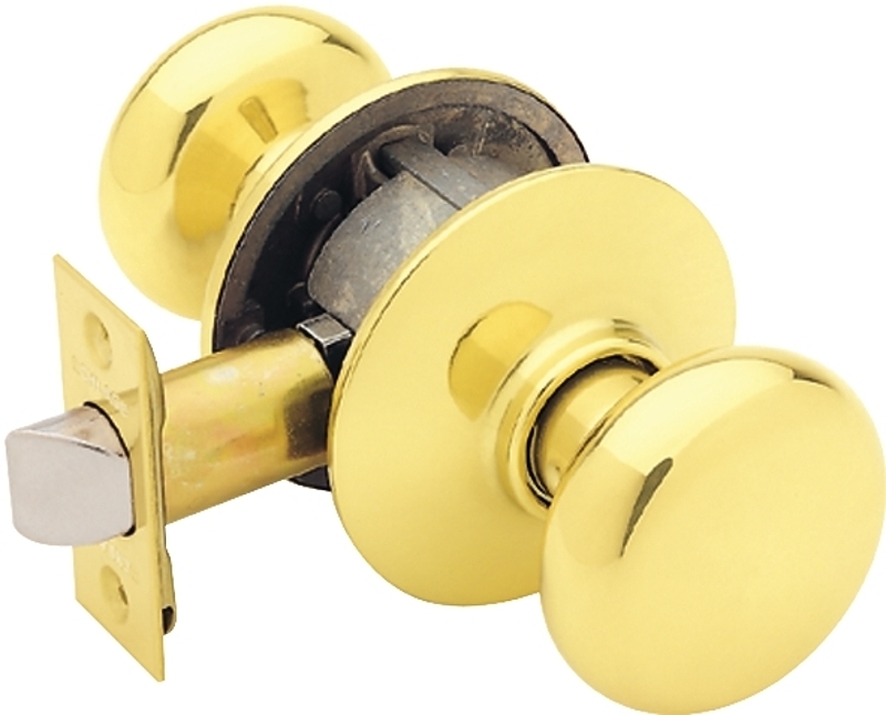 Schlage F Series F10 PLY 605 Passage Knob, Plymouth, Round, 2-3/4 in Dimensions, Metal, Bright Brass, Reversible Hand