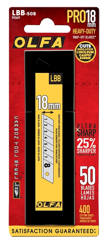 OLFA 9069 Ultra-Sharp Blade, 18 mm, 4-1/2 in L, Carbon Steel, 59 deg Angle, Snap-Off Edge, 8-Point