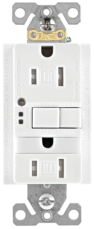 Eaton TRSGFNL15W-K-L GFCI Receptacle, 125 VAC, 15 A, NEMA: NEMA 5-15R, White