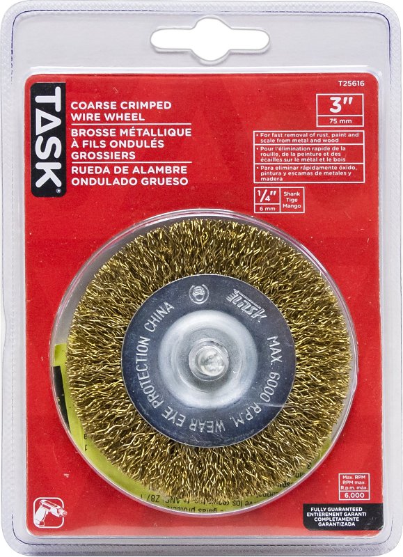 Task T25616 Wire Wheel, 1/4 in Arbor/Shank, Crimped Bristle, 3 in Dia Bristle