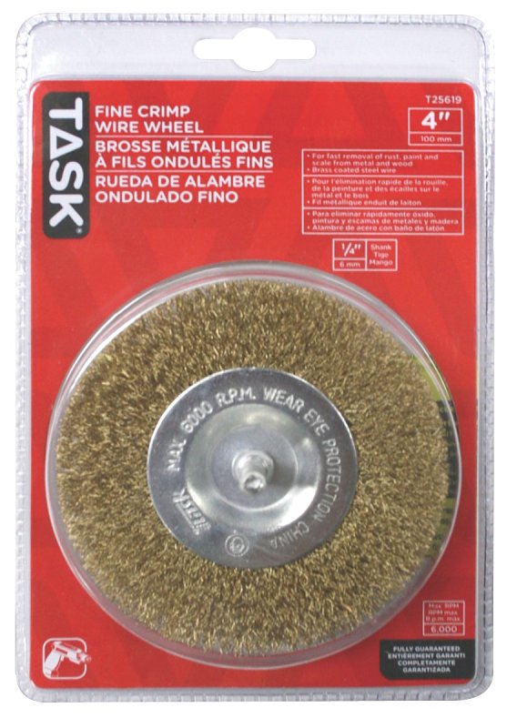 Task T25619 Wire Wheel, 1/4 in Arbor/Shank, Crimped Bristle, 4 in Dia Bristle