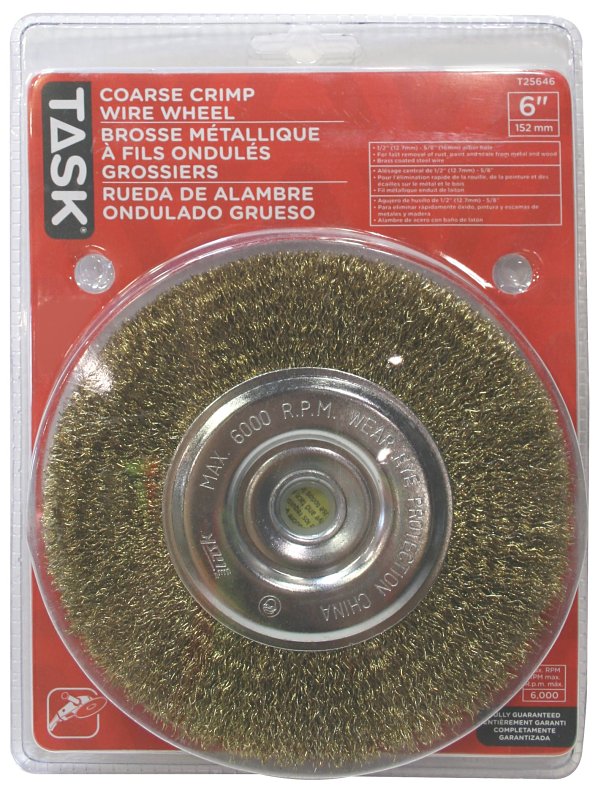 Task T25646 Wire Wheel, 1/2 to 5/8 in Arbor/Shank, Crimped Bristle, 6 in Dia Bristle
