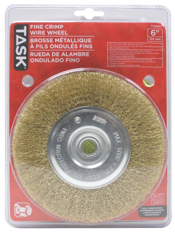 Task T25647 Wire Wheel, 1/2 to 5/8 in Arbor/Shank, Crimped Bristle, 6 in Dia Bristle