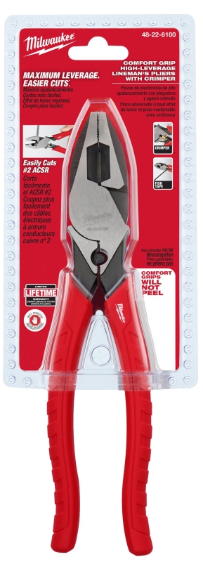 Milwaukee 48-22-6100 Lineman's Plier with Crimper, 9 in OAL, 1.77 in Cutting Capacity, Red Handle, Comfort-Grip Handle