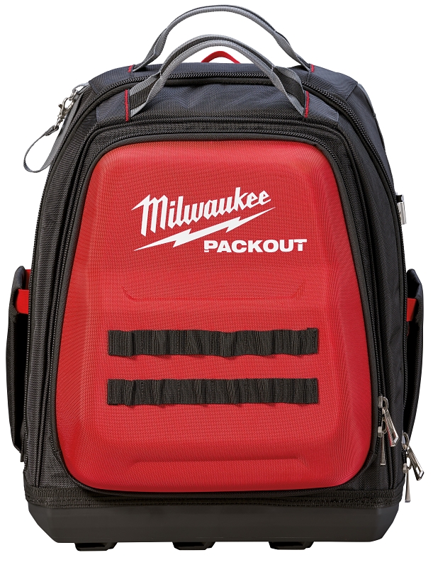 Milwaukee PACKOUT 48-22-8301 Tool Backpack, 11.81 in W, 15-3/4 in D, 15-3/4 in H, 48 -Pocket, Polyester, Black/Red