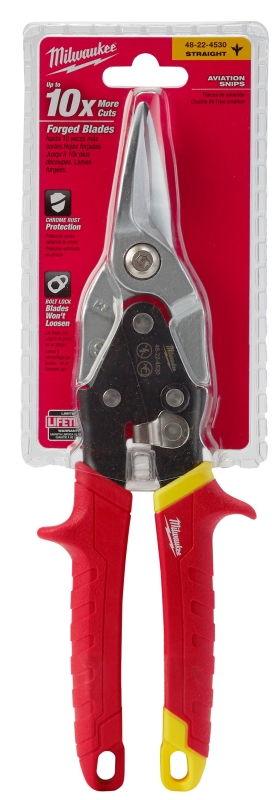 Milwaukee 48-22-4530 Aviation Snips, 10 in OAL, 5 in L Cut, Straight Cut, Steel Blade, Ergonomic Grip Handle, Red Handle
