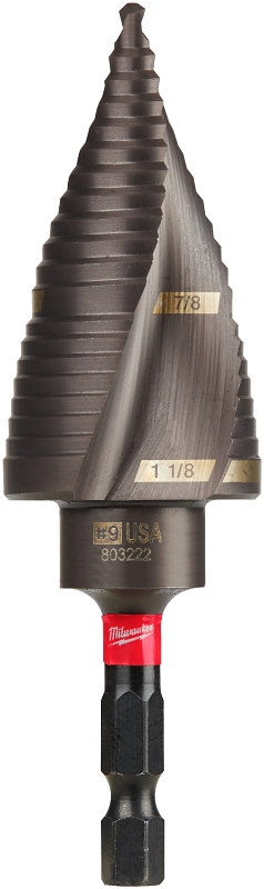Milwaukee SHOCKWAVE Impact Duty 48-89-9249 Step Drill Bit, 7/8 to 1-1/8 in Dia, Spiral Flute, 2-Flute, Hex Shank